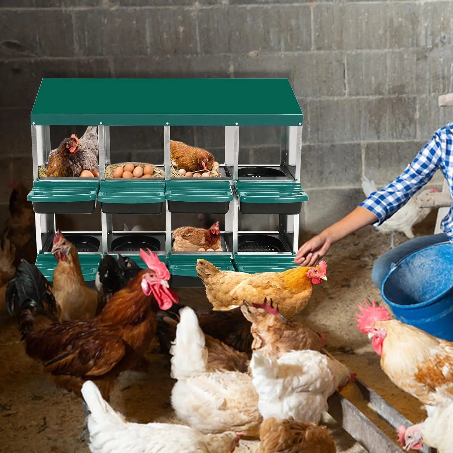 8-10 Chicken Nesting Box, Roll-Away Egg Collection System with Ventilation Holes, Chicken Laying Box for Hen & Duck