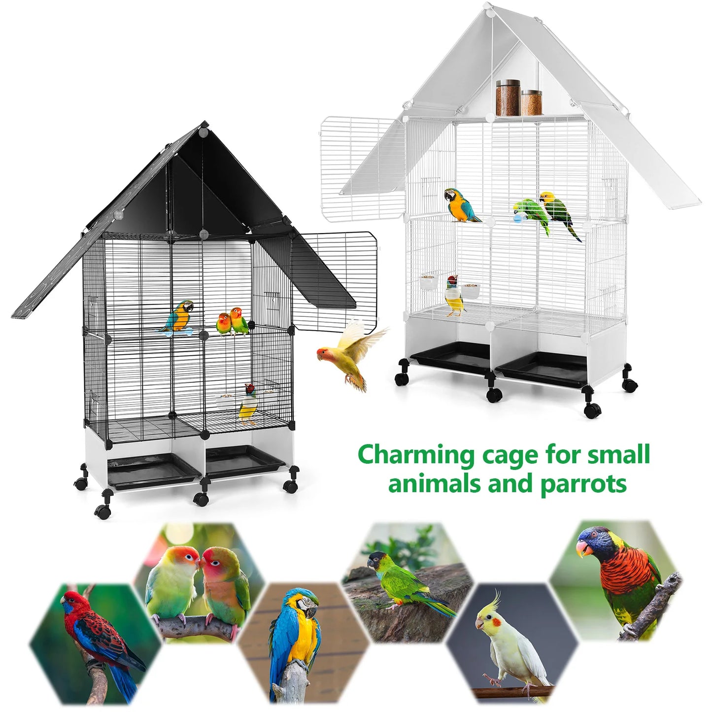 Bird Cage with Rolling Stand House Shape Bird Cage Large 2 Tier Bird Cage Bird Villa for Canary Finch Budgie Lovebirds