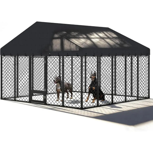 10x10x6.4 Large Outdoor Dog Kennel with Roof, Heavy Duty Anti-Rust Metal Dog Enclosure Fence for All Weather Resistant, Secure D
