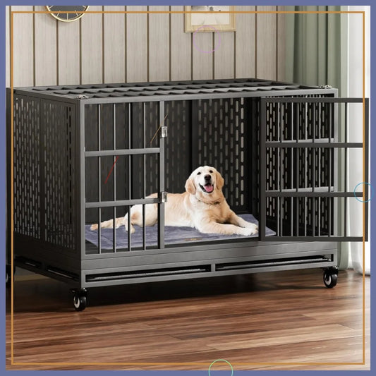 48 Inch Heavy Duty Dog Crate with Wheels, Folding Metal Cage for Large Dogs, XL XXL Indestructible Kennel with Removable Tray