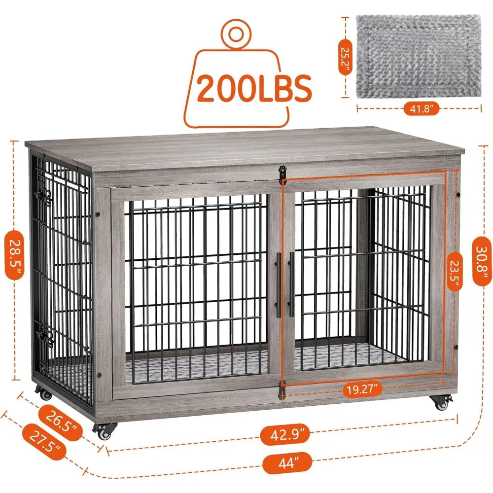 Dog Crate Furniture, XL Wooden Dog Kennel Indoor Double Doors Dog Cage, 44'' Heavy Duty Dog Crate with Cushion & Wheels,
