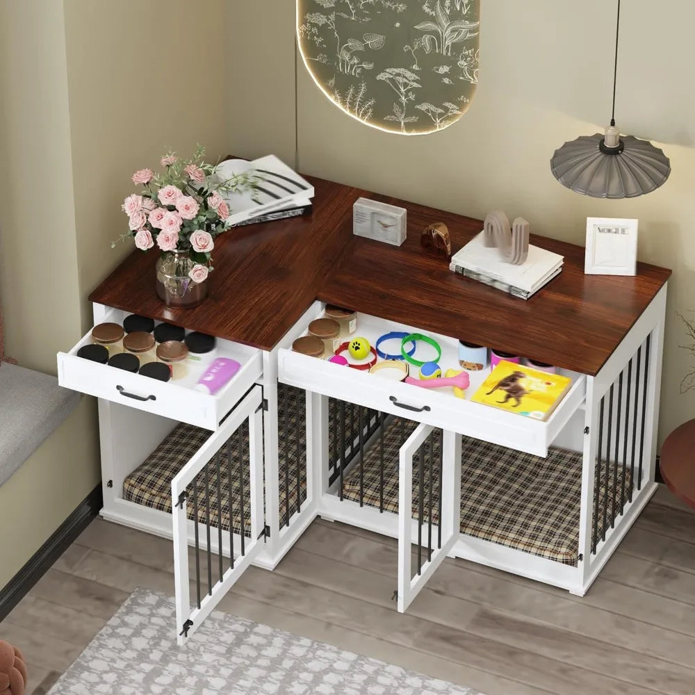 Large Corner Dog Crate Furniture, Wooden L Shaped Double Dog Crate Kennel Furniture with 2 Drawers and Divider, XXL Heavty Duty