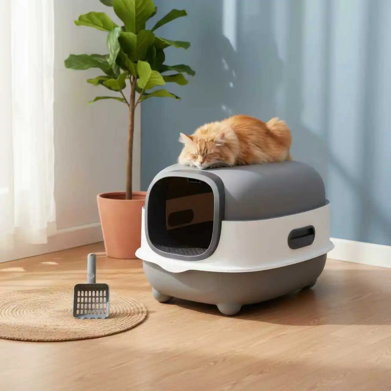 Bingopaw Large Cat Litter Box with Cat Litter Scoop with Lid, Oval Oblong Hooded Front Entry and Exit Leak-Proof Litter Cat Box