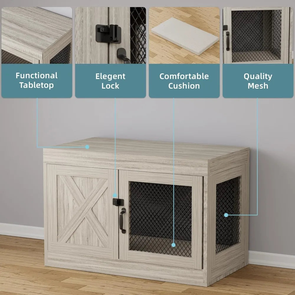 Corner Dog Crate Furniture with Double Doors, 36 Inch Wooden Dog Kennel End Table Indoor with Mesh, Cage/House for Small Medium