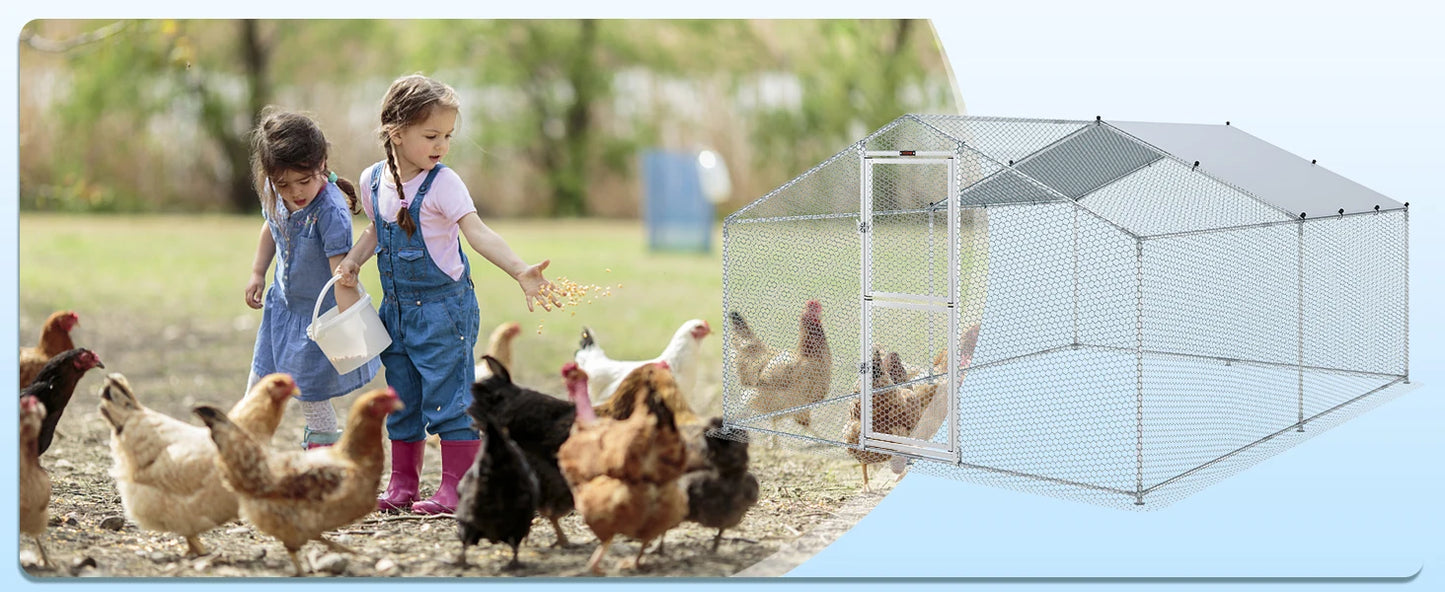Large Metal Chicken Coop with Run, Walkin Poultry Cage for Yard with Waterproof Cover, 13.1 x 9.8 x 6.4 ft Dome Roof for Hen