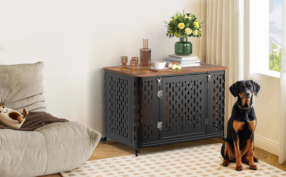 Dog Crate Pet Furniture with Cushion Wood Dog Kennel with Flexible Wheels Multi-Purpose Dog Cage for Large Small Medium Dogs