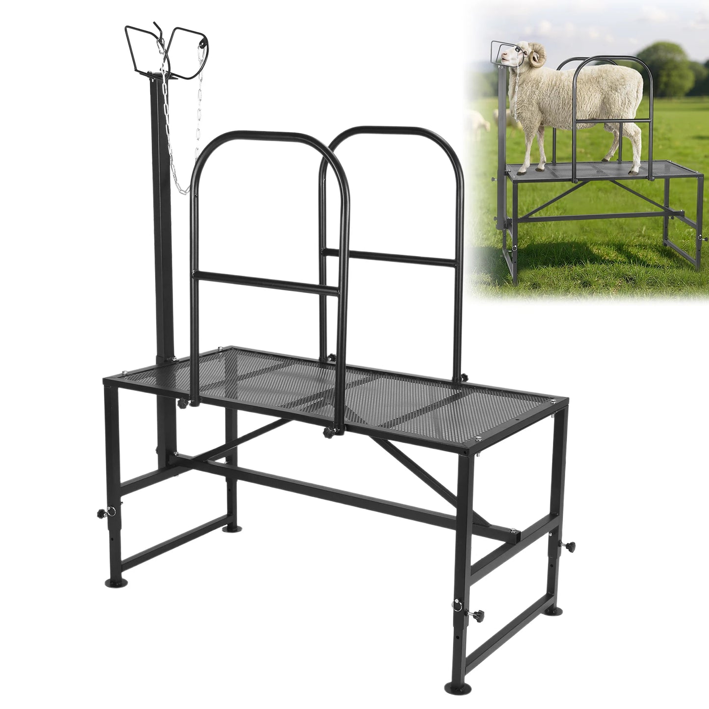 Goat Milking Stand Sheep & Goat Trimming Stand Adjustable Height Goat Shearing Livestock Stand with Headpiece and Nose Loop