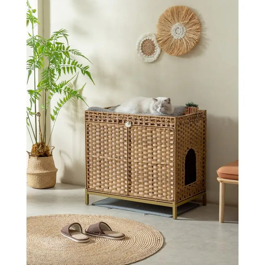 Litter Box Enclosure Furniture, Hidden Handwoven Rattan Litter Box with Mat, Large Cat House with Metal Heightened Feet, 30.3 x
