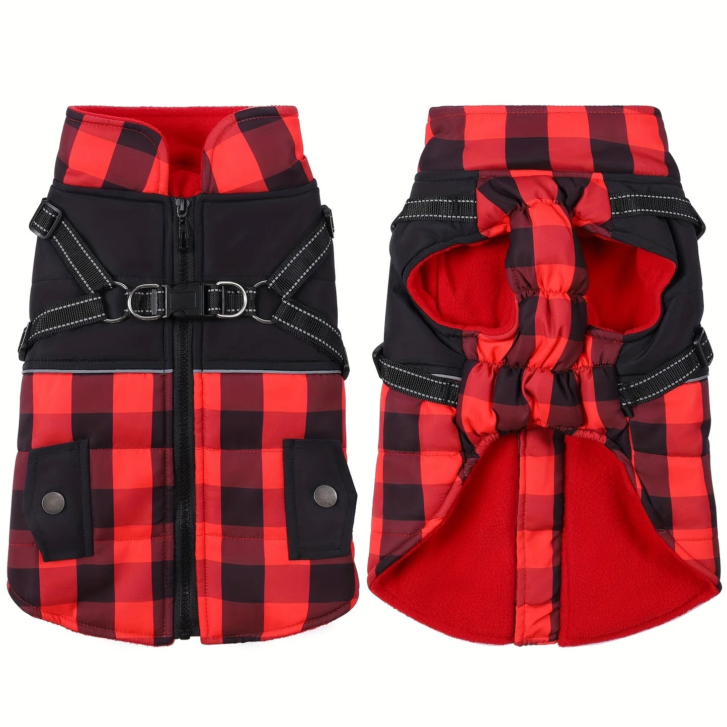 Plaid Thicken Padded Pet Dog Jacket With Harness For Cold Weather Windproof Winter Dog Jacket Coat For Small Medium Large Dog