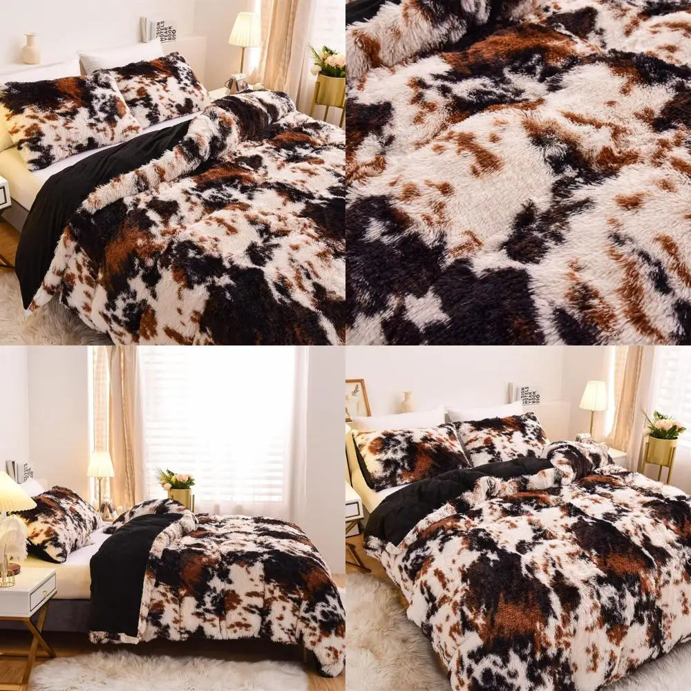 Cow Print Duvet Cover Shaggy Fluffy Tie Dye Brown Black Velvet Bedding Set Super Soft Faux Fur Fuzzy Comforter Cover with Pillow