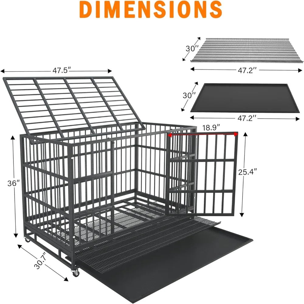 48/42/38 inch Heavy Duty Indestructible and Escape-Proof Dog Crate Cage Kennel for Large Dogs, High Anxiety Dog Crate with Remov