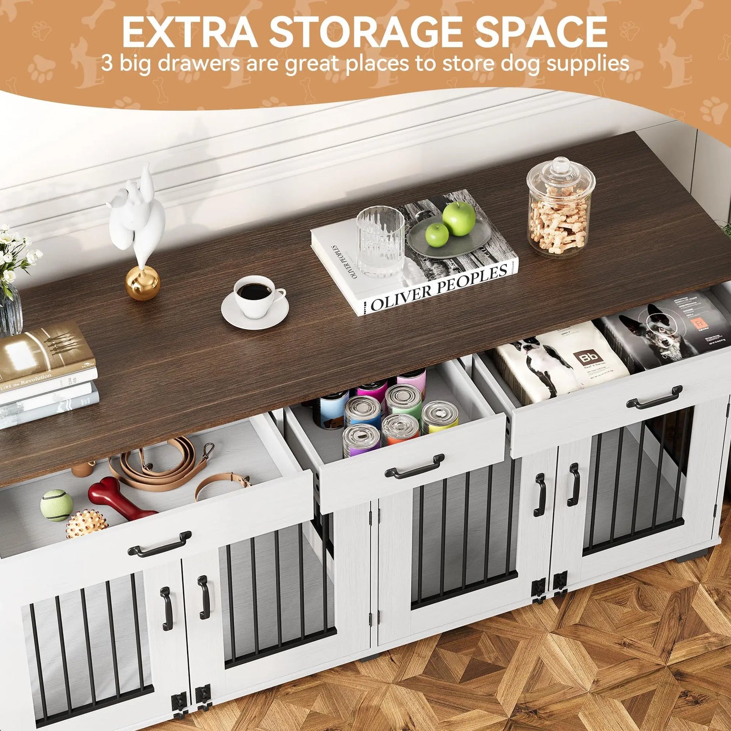 71'' Heavy Duty Double Dog Crate Furniture 2-in-1 Kennel With Divider 3 Storage Drawers & TV Stand For Medium Large Dogs
