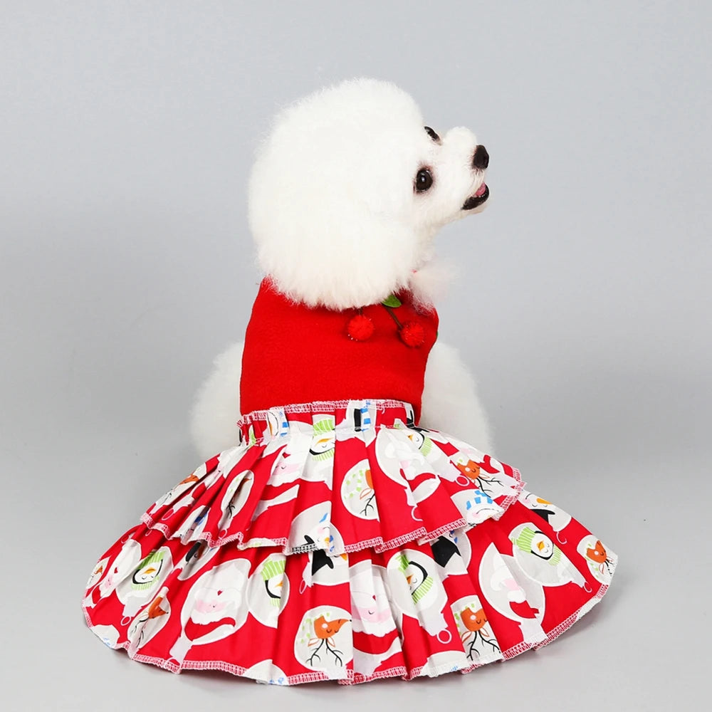 Christmas Dog Girls Costume Dress Puppy Warm Fleece Skirt Clothes Autumn Winter Pet Clothes Dog Red Skirt Fancy Dress Costume