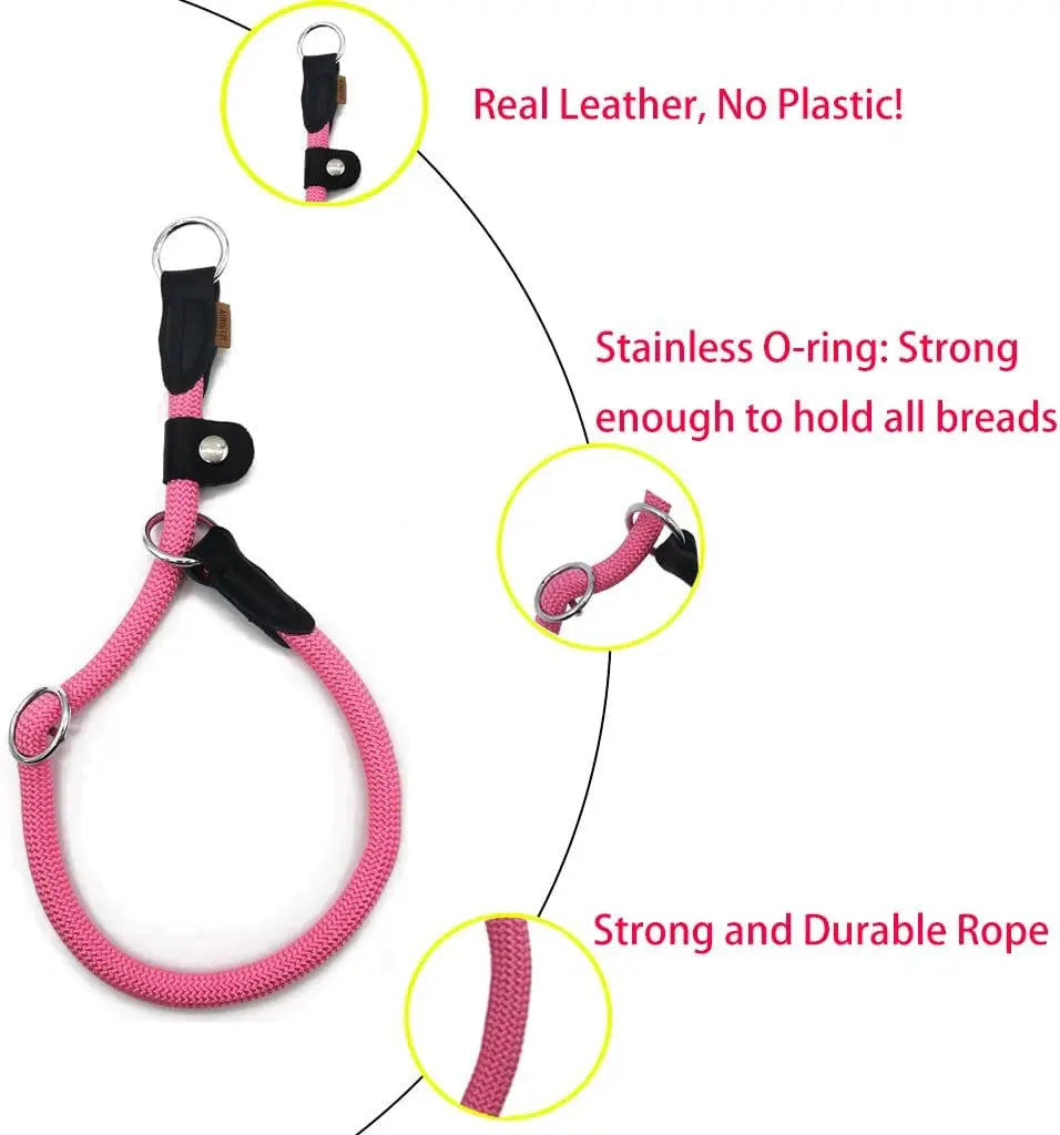 Pink Braided Martingale Dog Collar with Slidable Stop Ring, Adjustable for Small Dogs