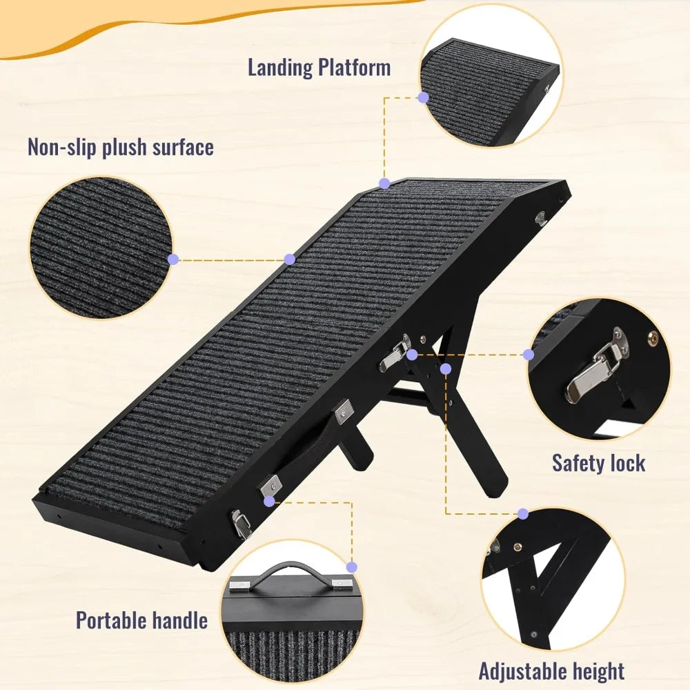 Wooden Dog Ramp for Couch High Bed, Non Slip Pet Ramps for Small Dogs and Cat with 5 Adjustable Height from 10.6'' to 22'', Port