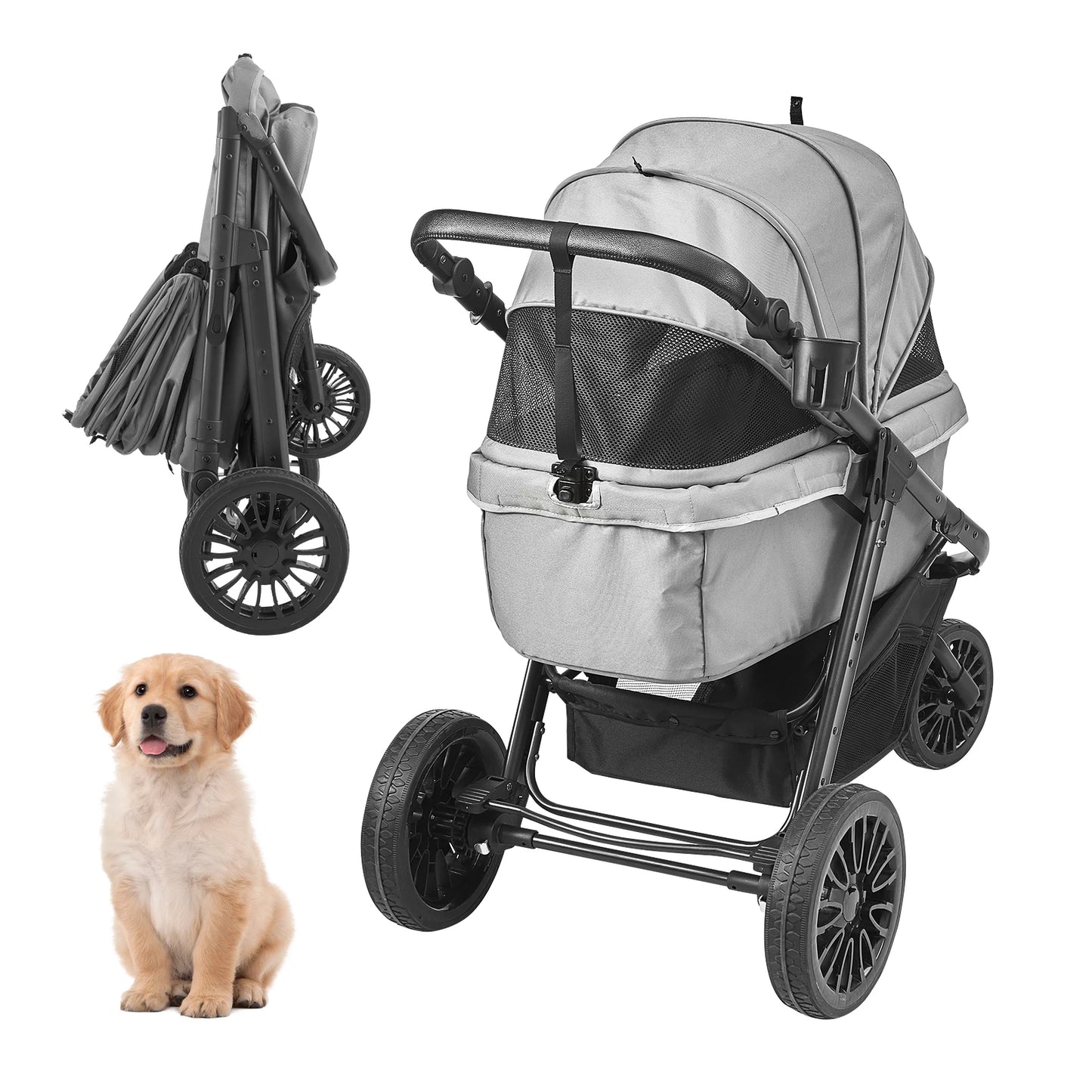 SucceBuy Pet Stroller Carrier Dog Cat Strollers Lightweight Travel Rotate with Brakes Pet Pad Cup Holder for Puppy Accessories