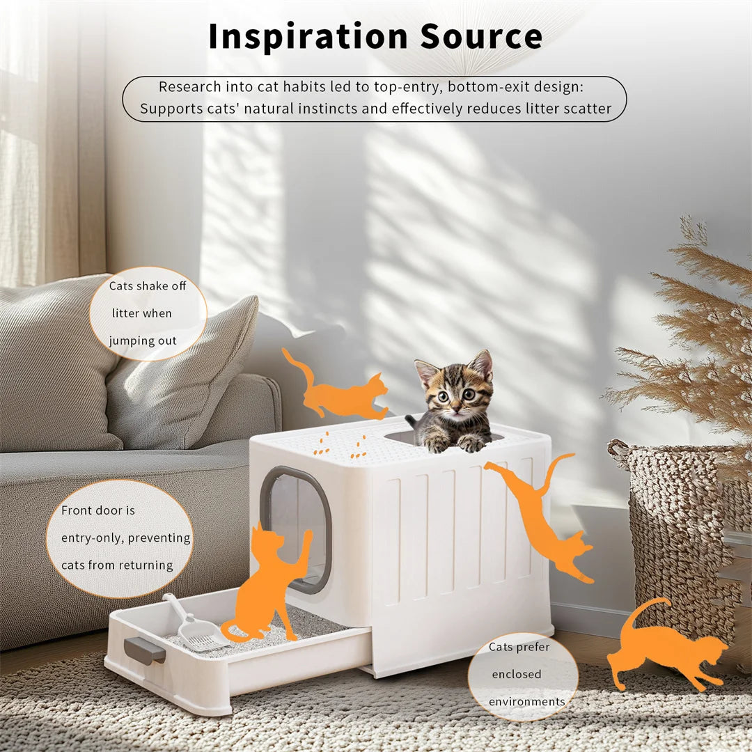 BingoPaw Cat Litter Tray Box: Foldable Top Entry Extra Large Cats Toilet with Lid Kitten Litter Tray Easy Cleaning Drawer Design