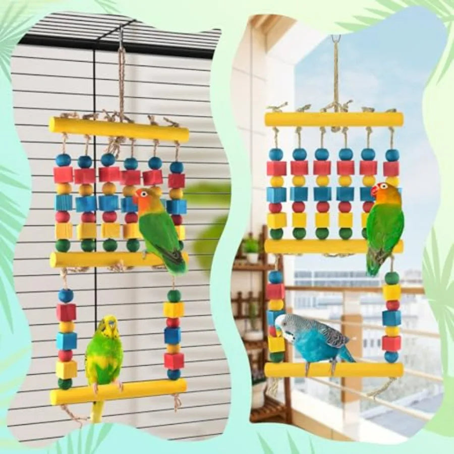 Bird Swing Parrot Chew Toy with Wooden Perches Stand Hanging Colorful Wood Block Bird Cage Accessories for Budgerigar Canaries