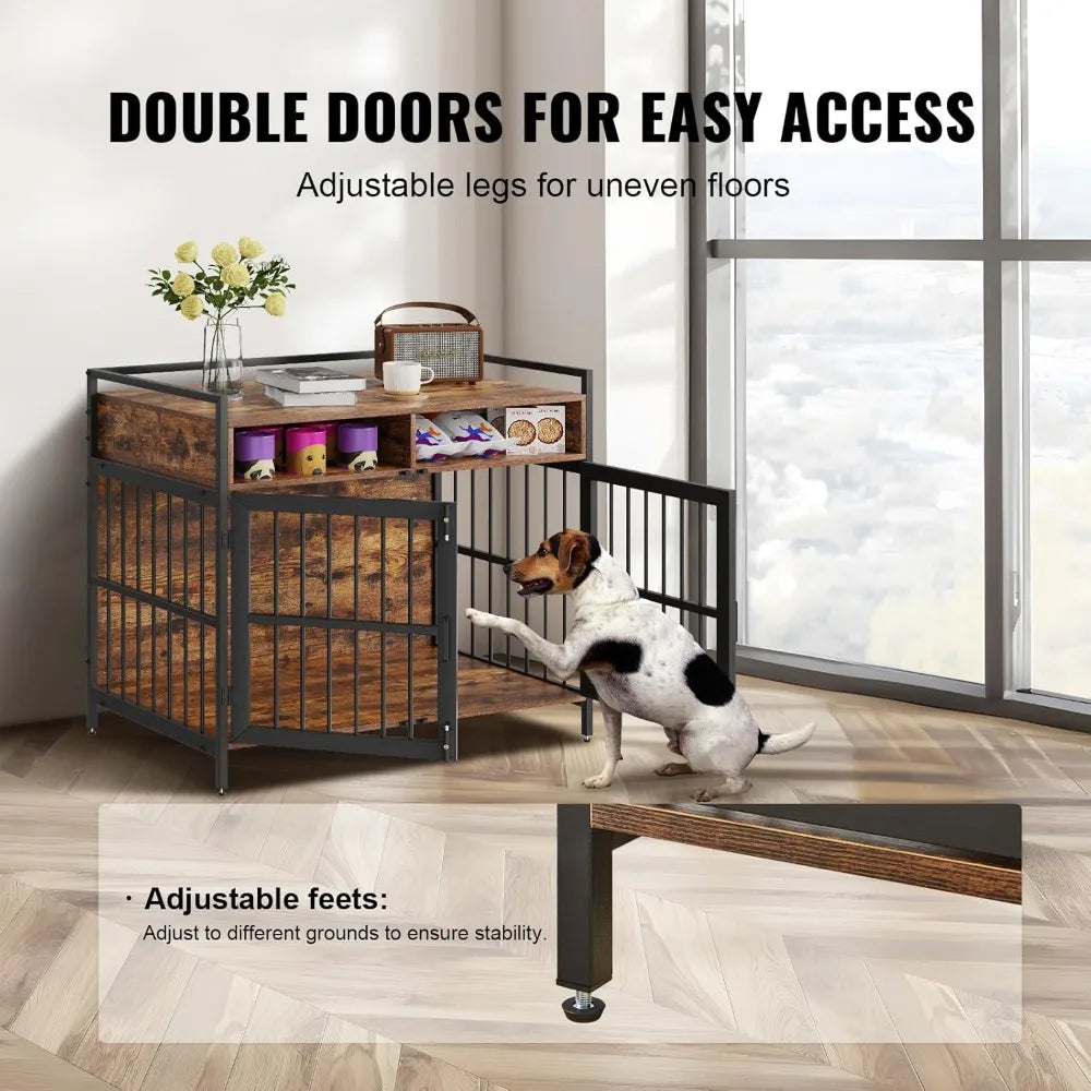 Furniture Style Dog Crate with Storage, 41 inch Dog Crate Furniture Large Breed with Double Doors, Wooden Dog Cage for Large/Me