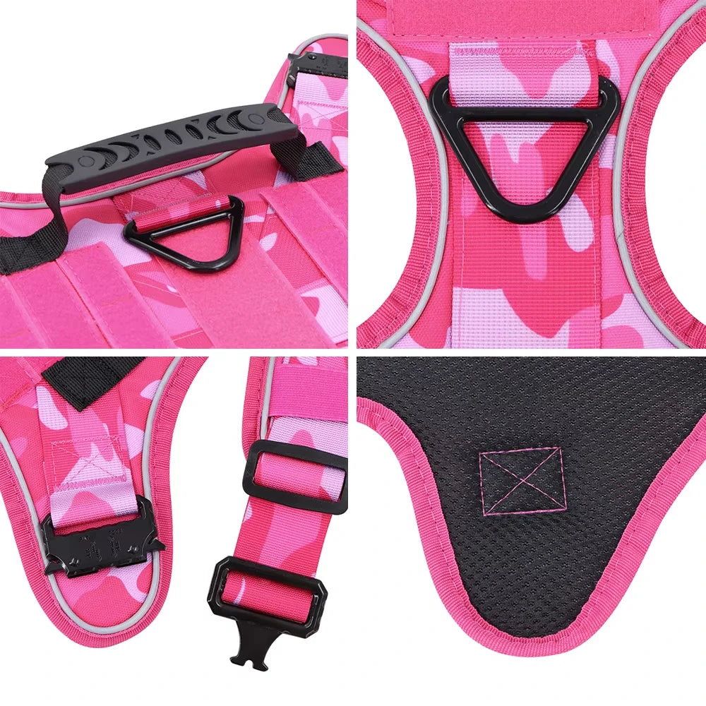 Pink Reflective Dog Harness with 4 Metal Buckles Military Tactical Pet Training, Camouflage Leash Collar for Large Dogs