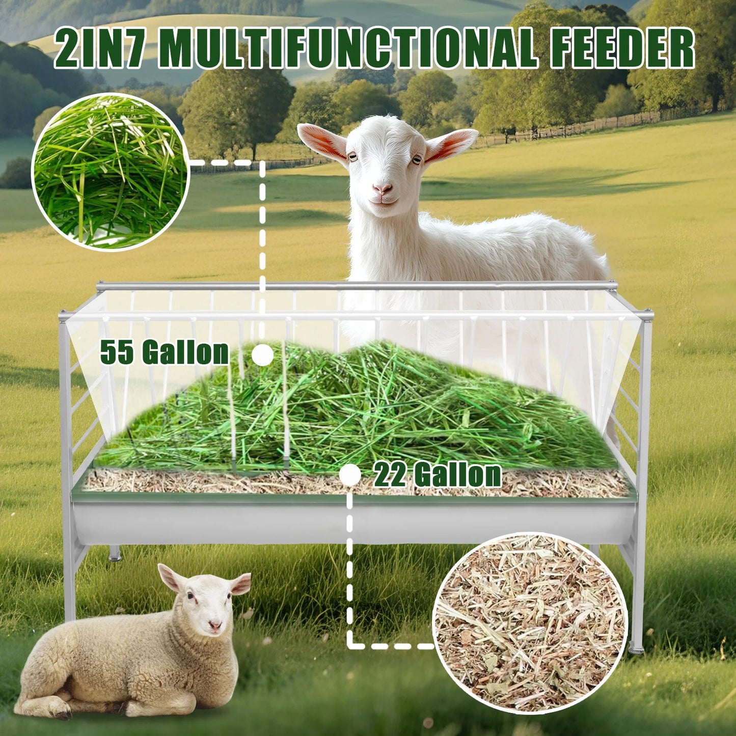 Goat Hay Feeder Large Capacity Livestock Feeder Heavy Duty Metal Feed Trough with Deeper Feeding Pan for Farms