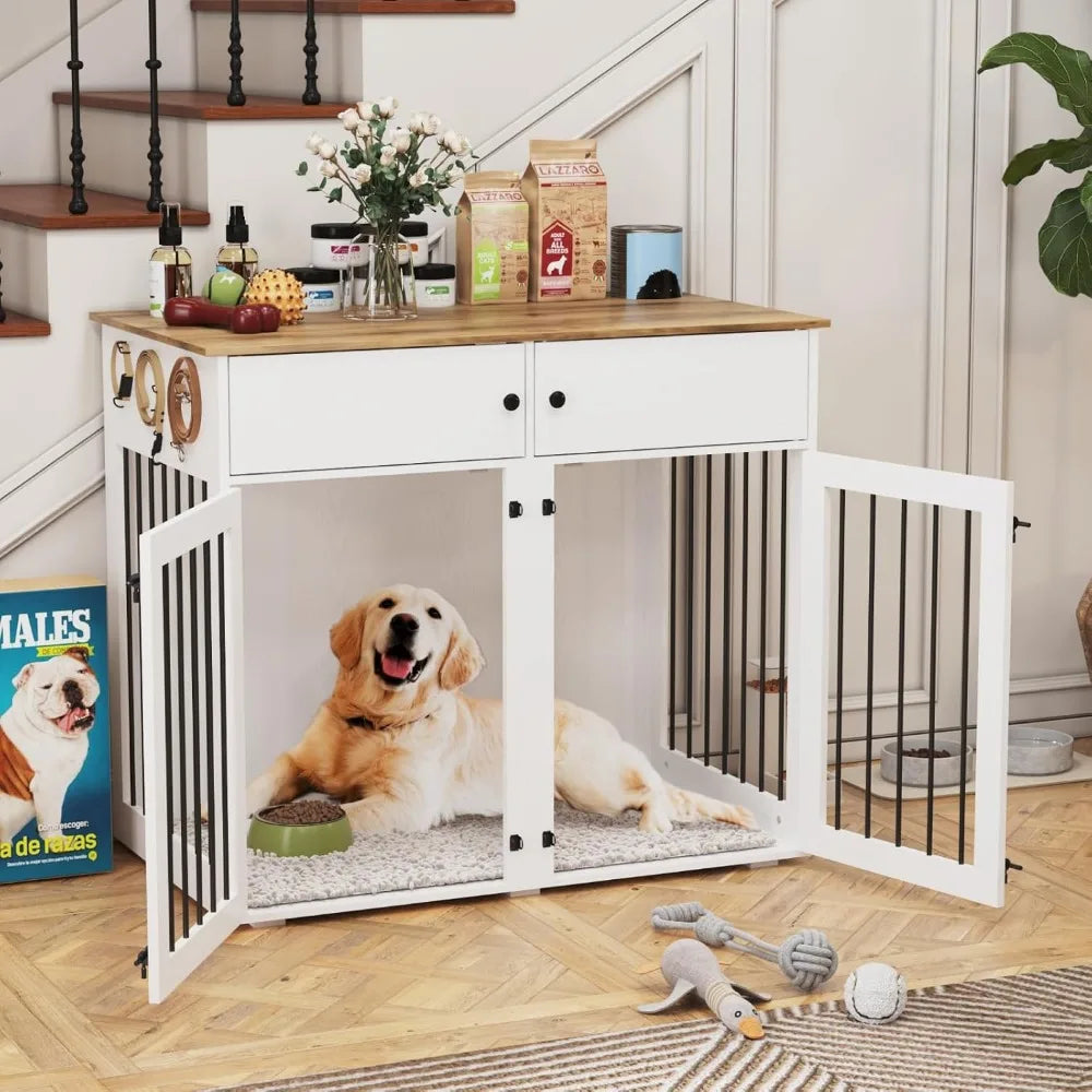 Large Dog Crate Furniture, 41 Inch Dog Kennel Indoor with Removable Divider & Double Doors, Wooden Dog Crates for 2 Dogs