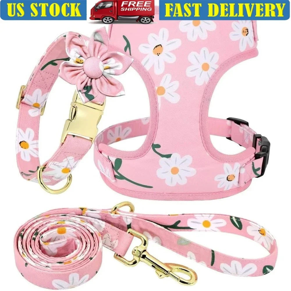 Cute Floral Dog Harness Leash Set Adjustable Collar Soft Mesh Comfort Medium Dogs Outdoor Walking Training
