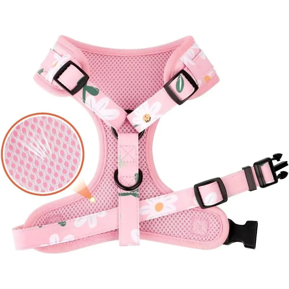 Cute Floral Dog Harness Leash Set Adjustable Collar Soft Mesh Comfort Medium Dogs Outdoor Walking Training