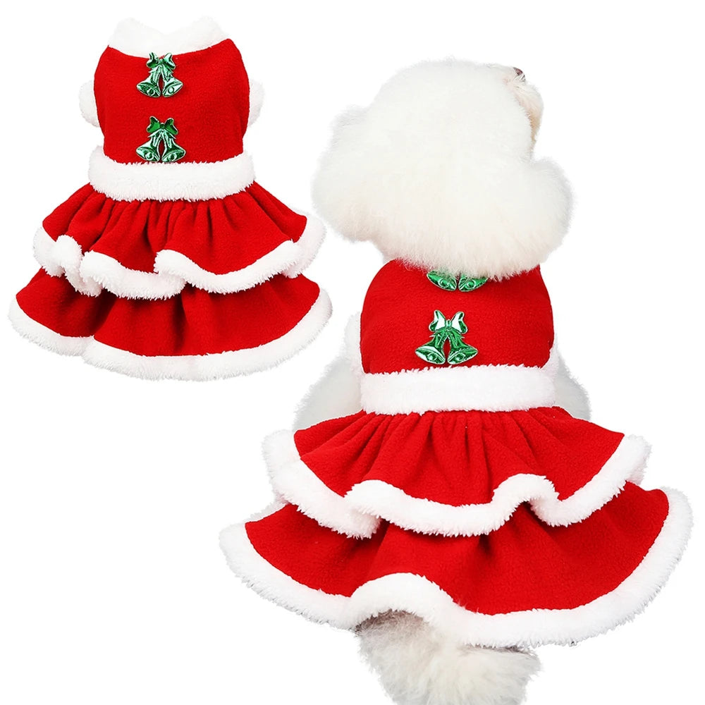 Christmas Dog Girls Costume Dress Puppy Warm Fleece Skirt Clothes Autumn Winter Pet Clothes Dog Red Skirt Fancy Dress Costume