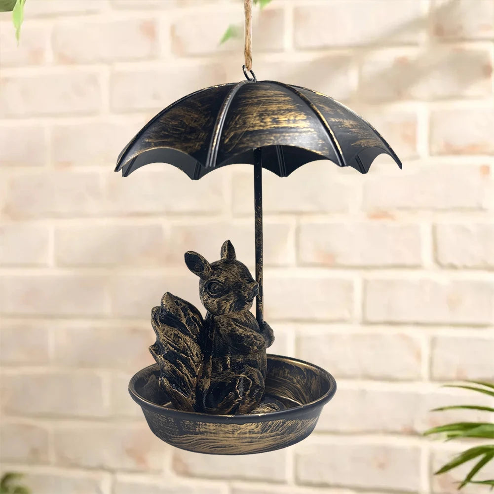 Squirrel/Cat/Dog Animal Bird Feeder Animal Holding Umbrella Metal Bird Feeders Hanging Bird Feeder Dish for Yard Patio Landscape
