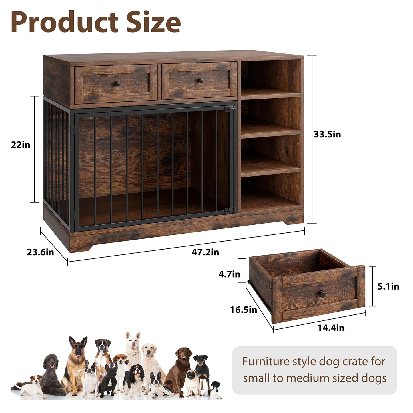 47" Large Dog Crate Furniture TV Stand Vintage Wooden Kennel For Medium Large Dogs Indoor Dog Cage With 2 Drawers & 4 Shelves
