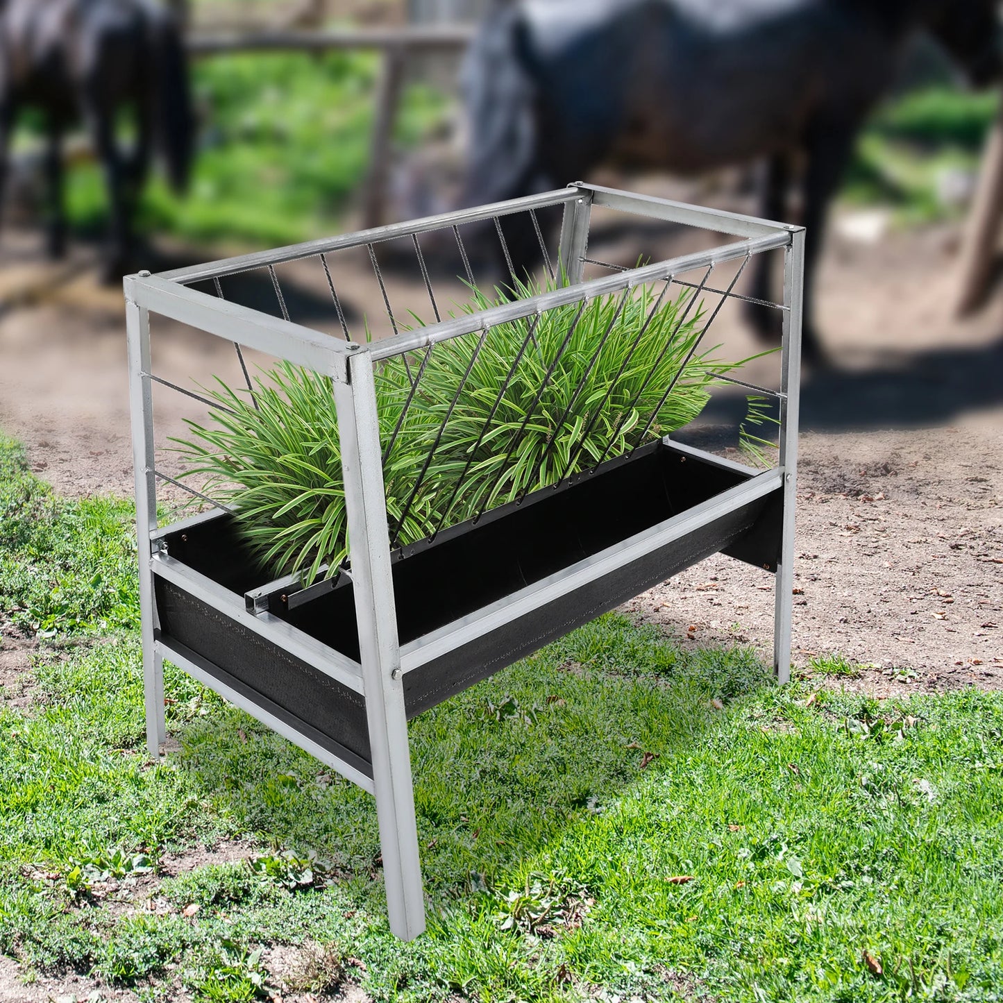 Livestock Feed Iron Trough,Silver+ Black Rectangular 2-in-1 Grain& Hay Feeder ,Floor Standing 100*65*85cm for Goats Sheep