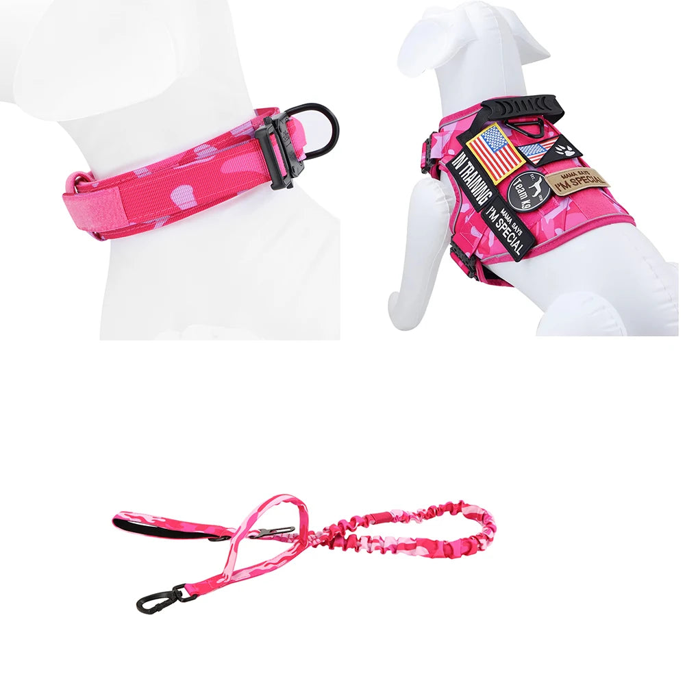 Pink Reflective Dog Harness with 4 Metal Buckles Military Tactical Pet Training, Camouflage Leash Collar for Large Dogs