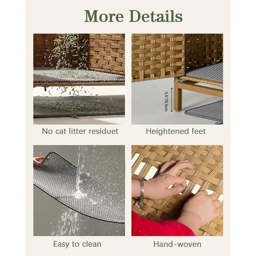 Litter Box Enclosure Furniture, Hidden Handwoven Rattan Litter Box with Mat, Large Cat House with Metal Heightened Feet, 30.3 x