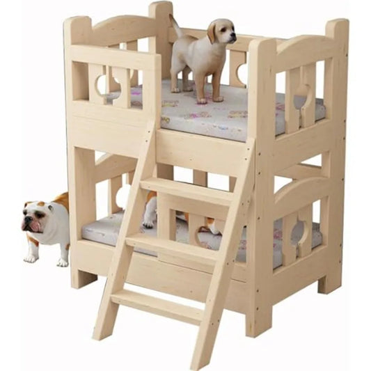 Dog Bunk Bed for Small/Medium/Large Pet with Wood Frame and Steps Double Layer Pet Bed in Brown Durable Design with Side Ladder