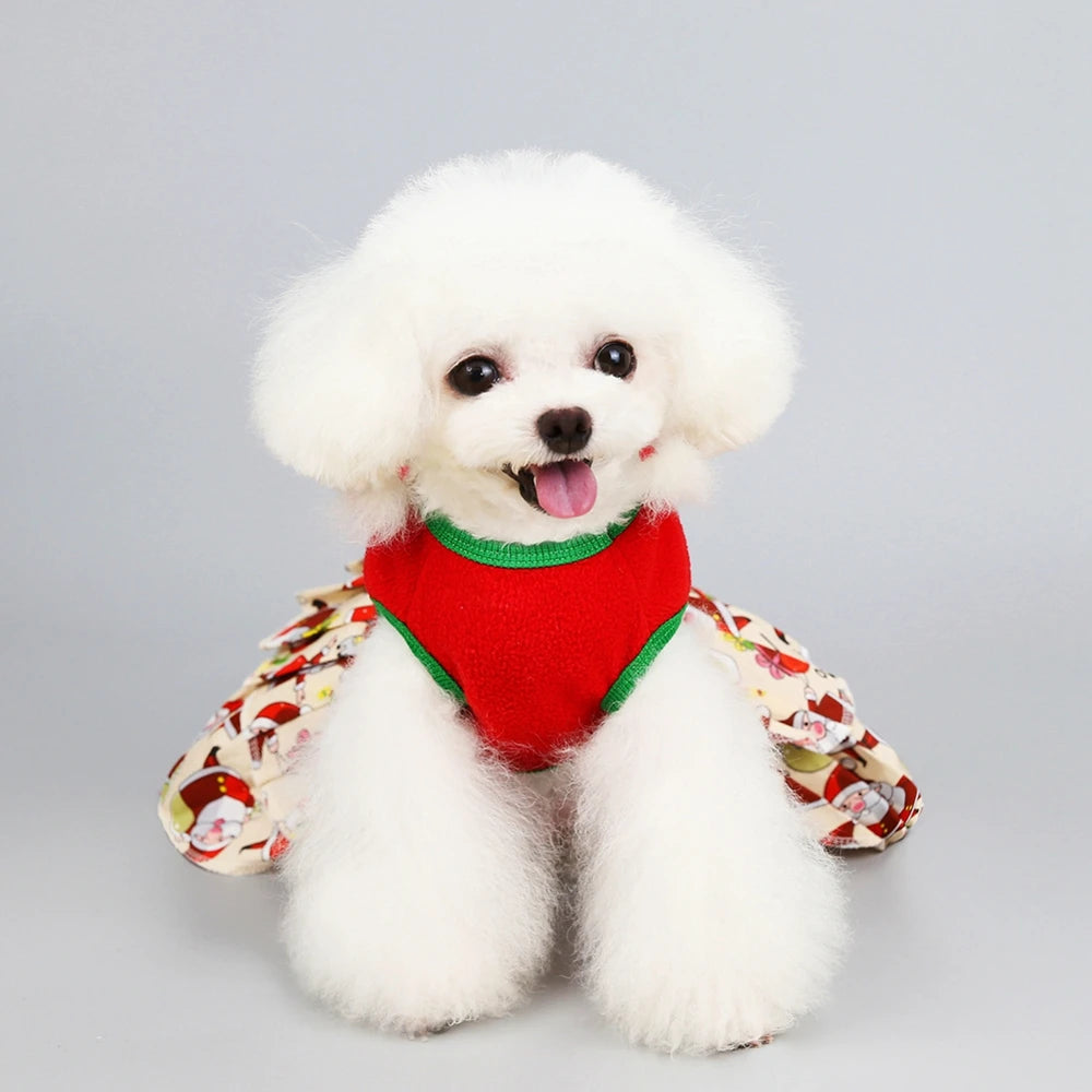 Christmas Dog Girls Costume Dress Puppy Warm Fleece Skirt Clothes Autumn Winter Pet Clothes Dog Red Skirt Fancy Dress Costume