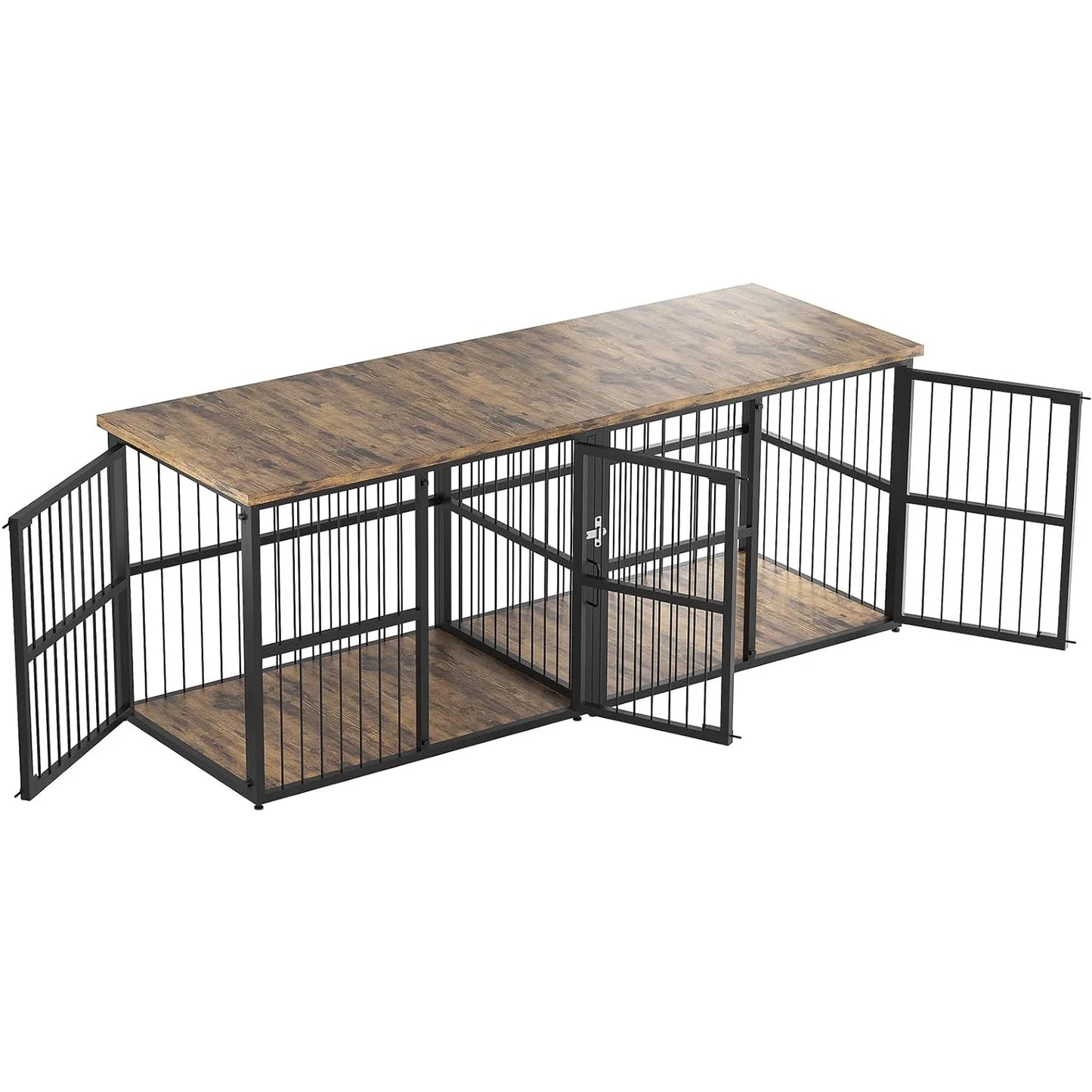 87" Extra Large 3 Lockable Doors Double Dog Crate Furniture With Divider Heavy Duty Wooden TV Stand Kennel For 2 Dogs