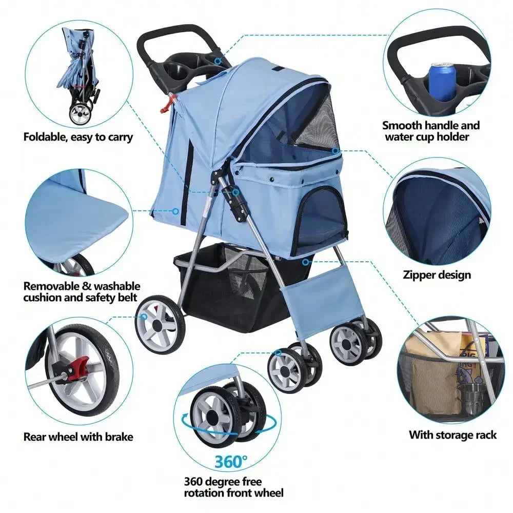 Blue 4 Wheel Pet Stroller for Cat Dog Foldable Carrier Jogger Travel with Basket