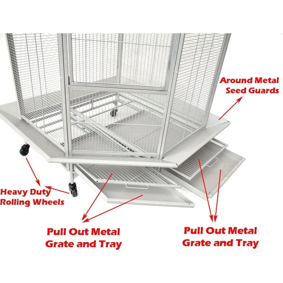 64 Extra Large Corner Bird Flight Breeding Wrought Iron Rolling Parrot Cage with Side Solid Metal Plate Feed Doors Pull Out Rem