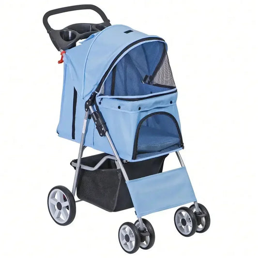 Blue 4 Wheel Pet Stroller for Cat Dog Foldable Carrier Jogger Travel with Basket