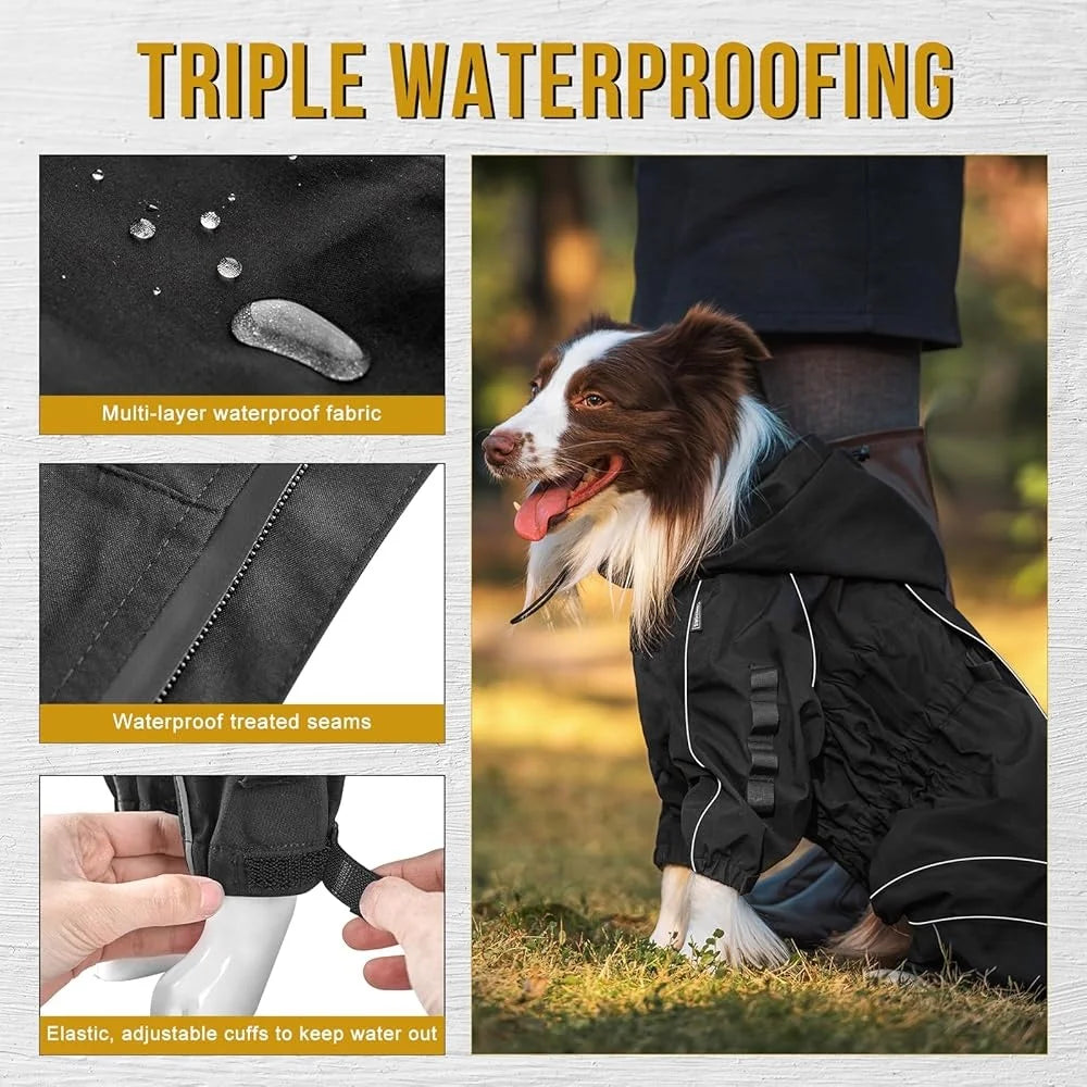 Dog Raincoat Waterproof Reflective Jacket Medium Large Dogs Adjustable Poncho Four Legs Machine Washable Pet Rain Gear