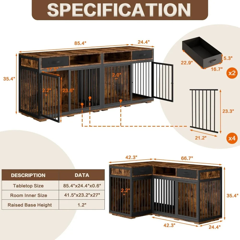 Corner Dog Crate Furniture,85.4" Metal Frame L Shaped Furniture-Style Double Dog Kennel for 2 Dogs with Divider and 2 Fabric Dra