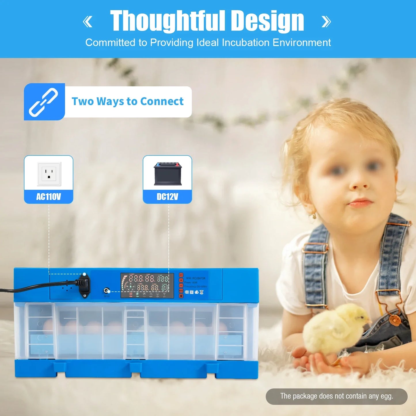 Incubator, 64 Egg Incubator 110V/12V Blue Incubator Automatic Smart Household Mini Chicken Egg Water Bed Incubator Box