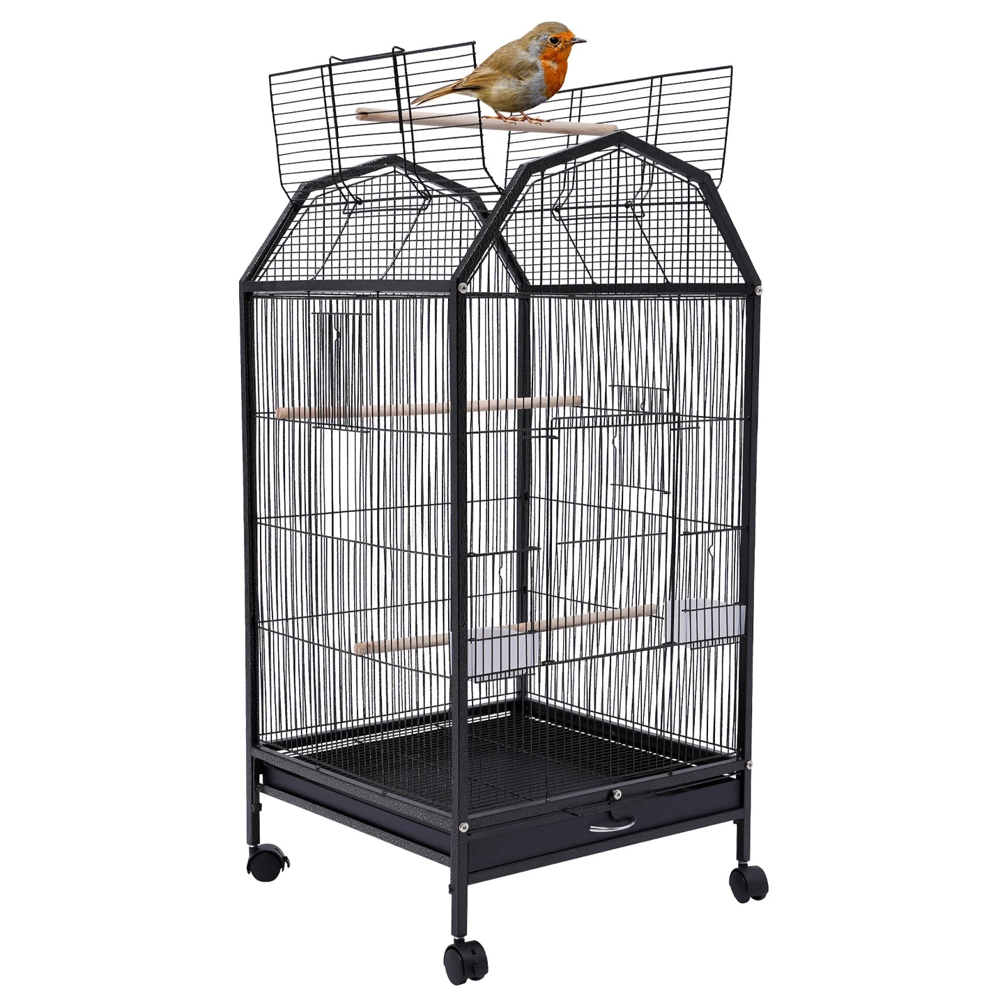 Large 18"x18"x40" Bird Cage with Stand&Wheels 360° View Skylight Top for Parakeet Finch Canary Cockatiel Black Iron Pet House