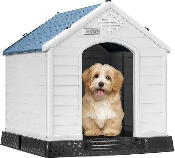 durable waterproof plastic pet dog house indoor outdoor puppy shelter kennel with air vents and elevated floor (medium - 28" he