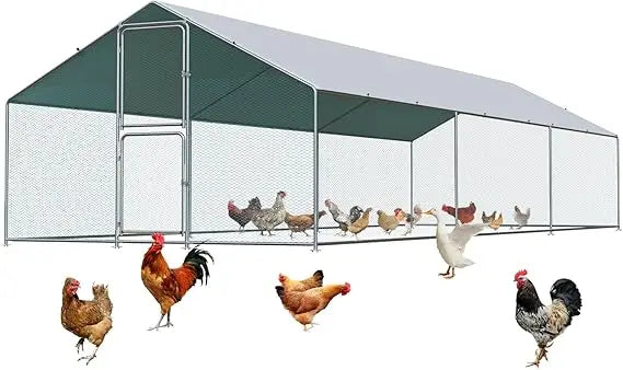 Large Metal Chicken Coop with Run, Walkin Poultry Cage for 30 Chickens with Full Coverage Roof, Waterproof & Anti-UV Cover