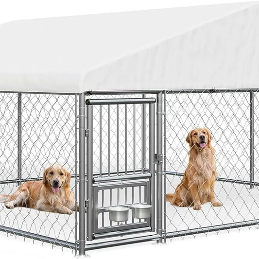 10x10 Ft Outdoor Dog Kennel with Waterproof Cover, Rotating Bowls, Ideal for Backyard Farm Use