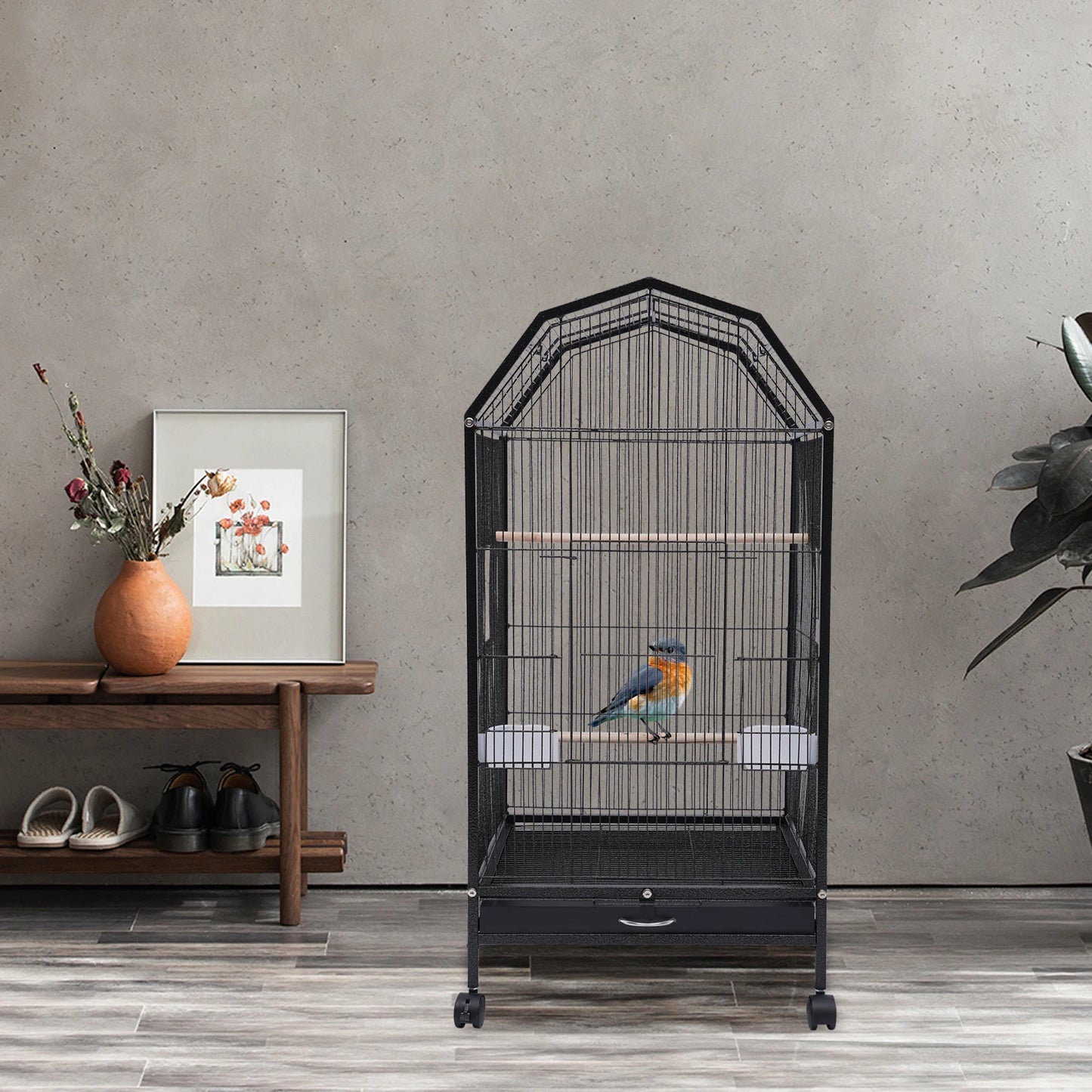 Large 18"x18"x40" Bird Cage with Stand&Wheels 360° View Skylight Top for Parakeet Finch Canary Cockatiel Black Iron Pet House