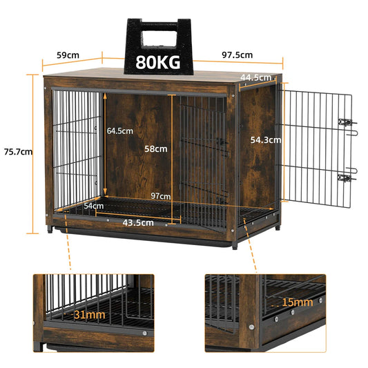 Large Elevated Dog Crate Wooden Dog Kennel Cage Pet House End Table with Double Door and Removable Tray Rustic Furniture Indoor