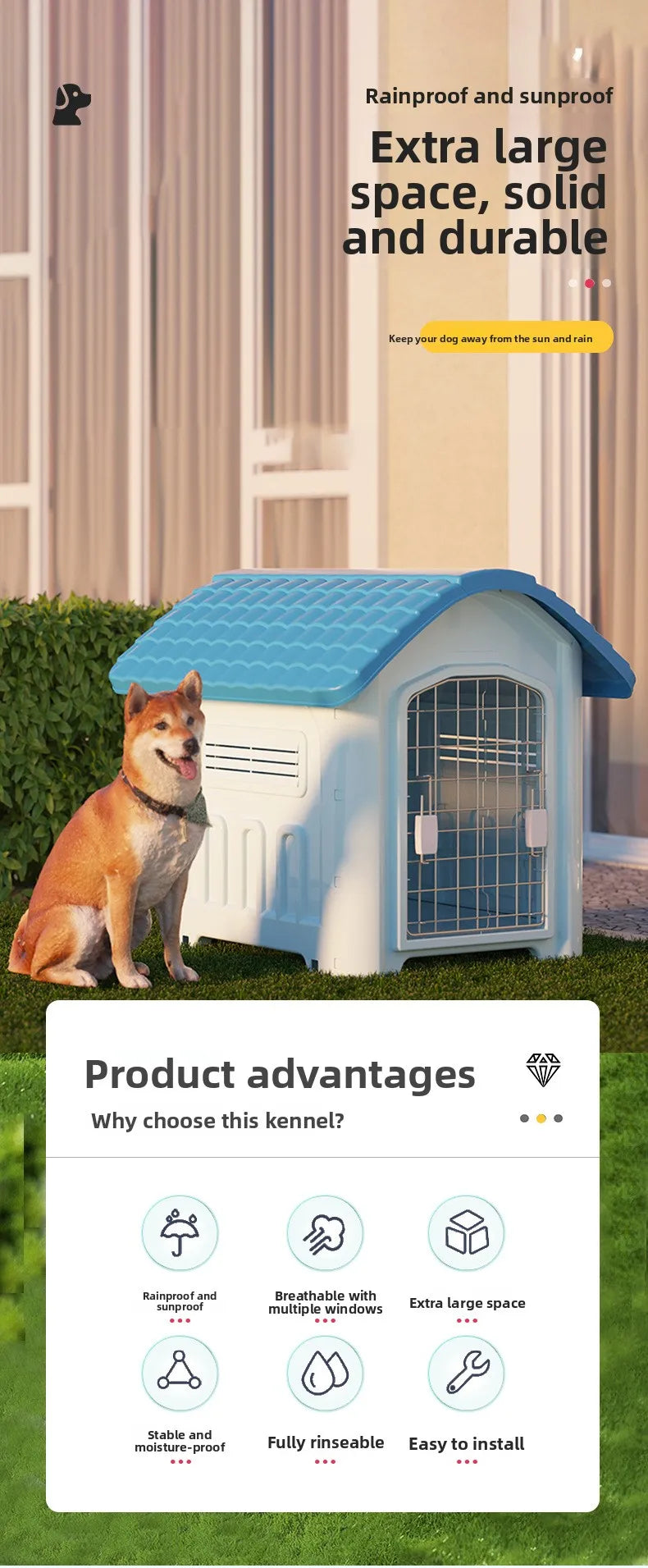 Large Waterproof Outdoor Dog House - Detachable & Washable Dog Cage for Medium/Large Breeds, All-Weather Shelter